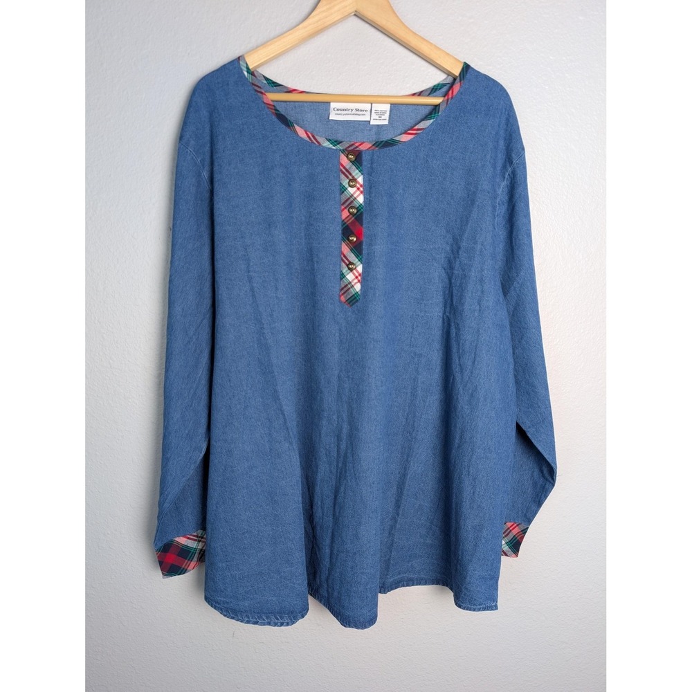 Country Store Tunic Blouse Womens 3X Blue Round Neck Plaid Trim Chambray